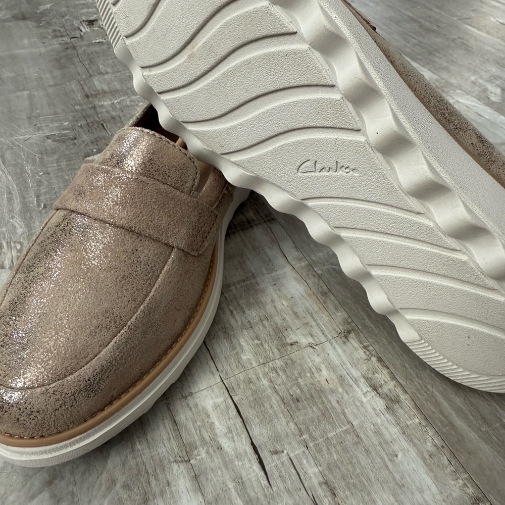Clarks Metallic Taupe Suede Loafers - Picture 4 of 5